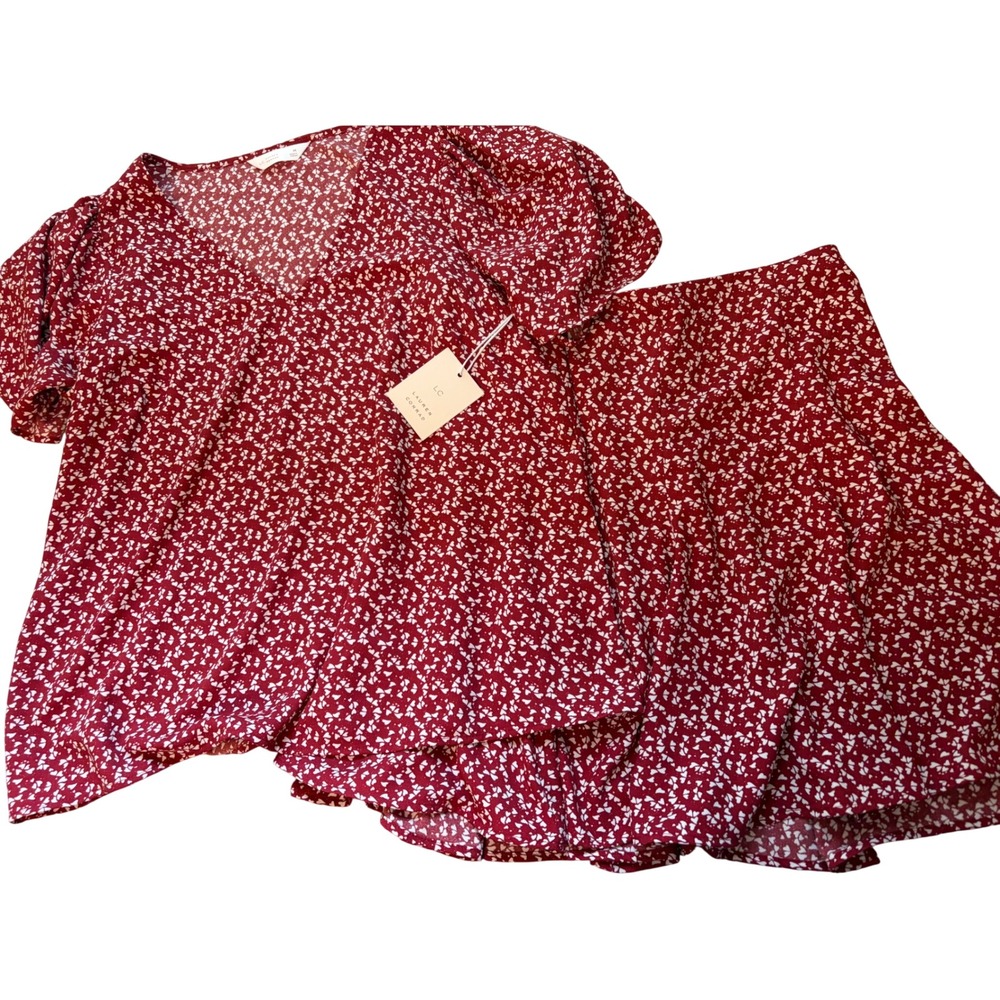 New LC Lauren Conrad Red White Heart Print Top and Skirt Set Md LG Ditsy